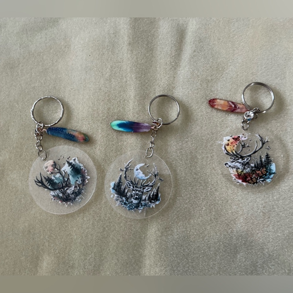 Handmade deer Keychains with 2 charms, set of 3